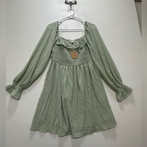 Blu Pepper Sage Green Smocked Ruffle long sleeved mini dress NWT size Large